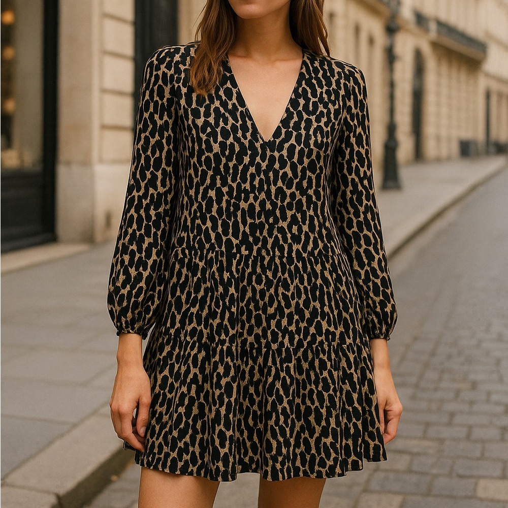 Zara Printed Tiered Mini Dress | V-Neck Long Sleeve | Size M